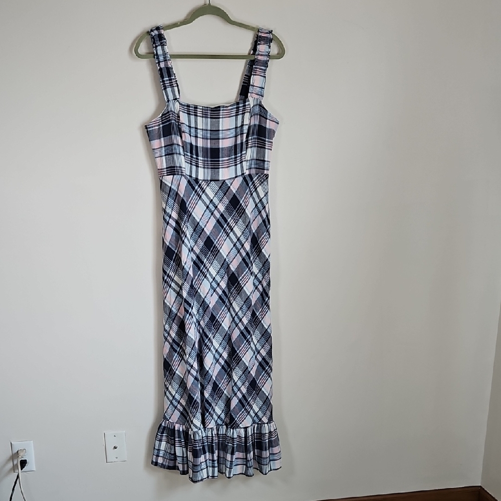 52Seven Maxi Dress Plaid Smocked Ruffle Straps Tier Cottage Prairie Blue Pink 16